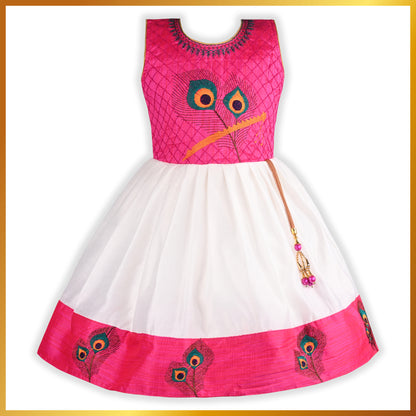 Girls Peacock Embroidered Pleated Dress