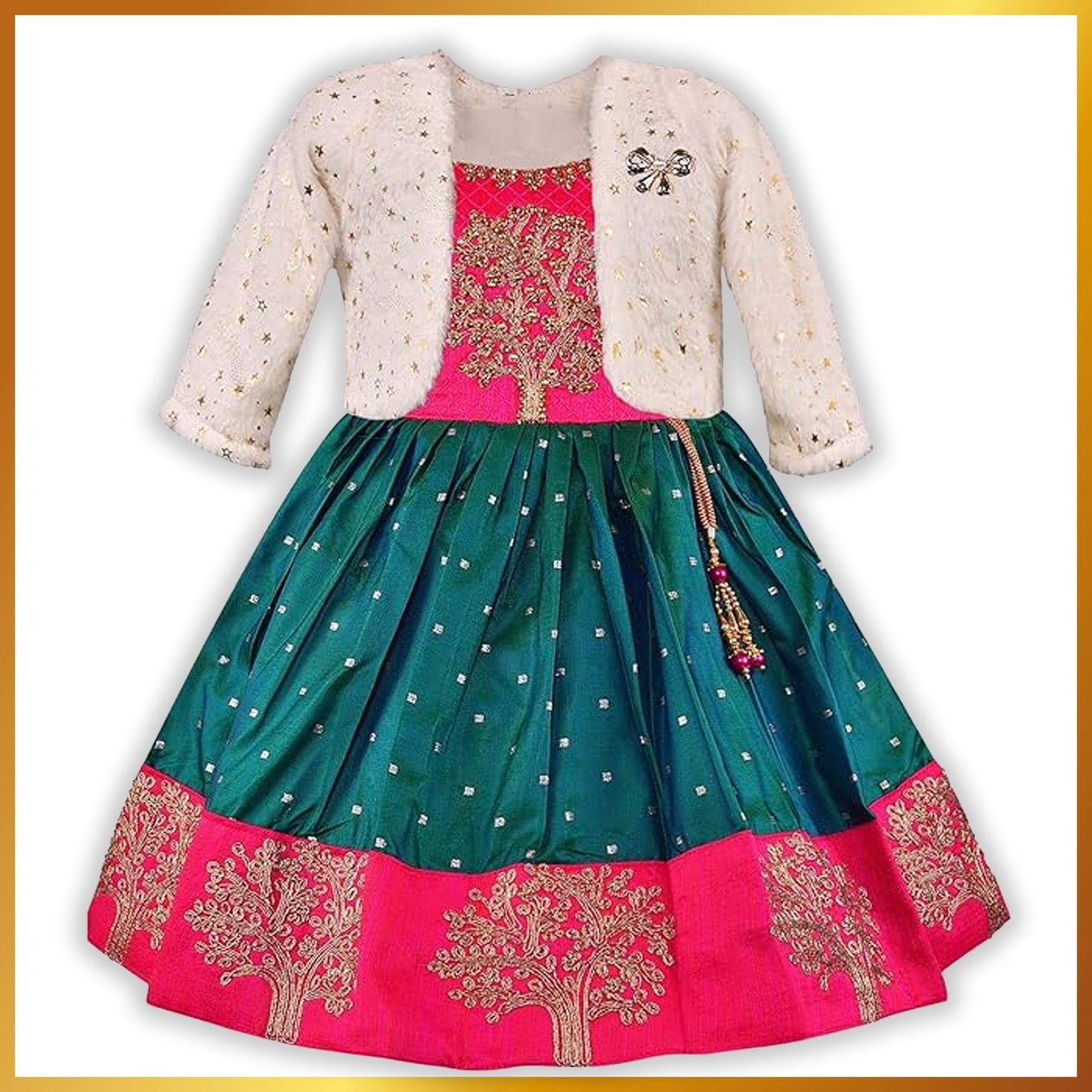 Baby Girls Silk Embroidered Ethnic Frock Dress With Jacket