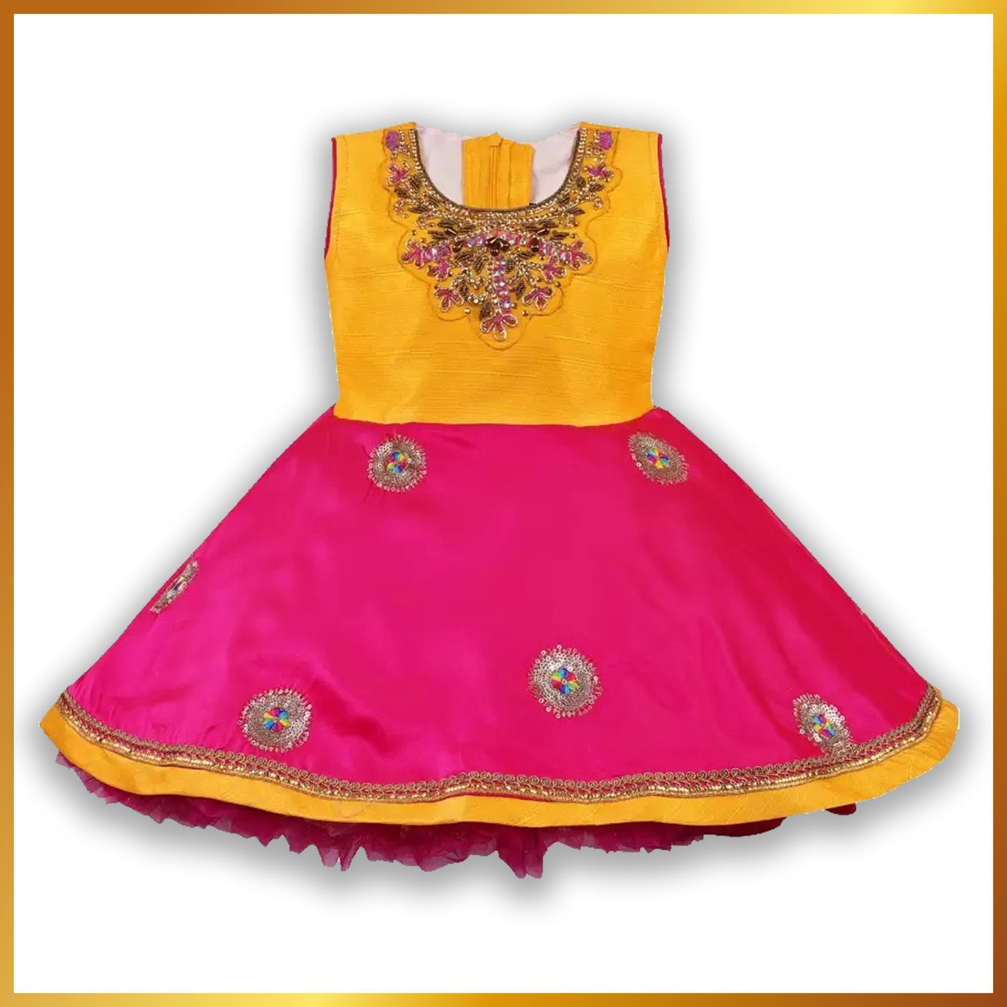 Pink and Yellow Embroidered A-Line Dress