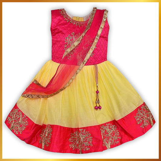 Girls Embellished Fit and Flare Ethnic Dress With Attached Dupatta