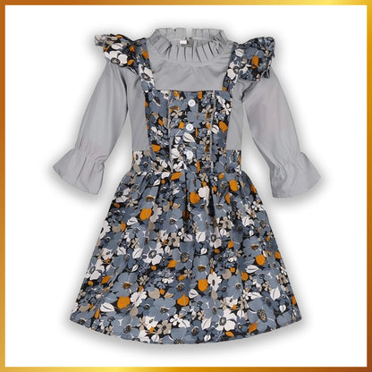 Grey Floral Printed Dungaree Dress