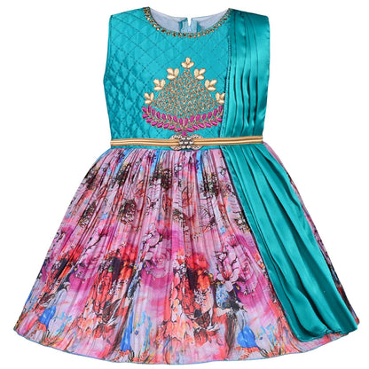 Girls Knee Length Satin Floral Print Dress