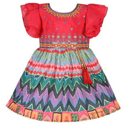 Girls Flared Sleeve Embroidered Fit and Flare Frock Dress