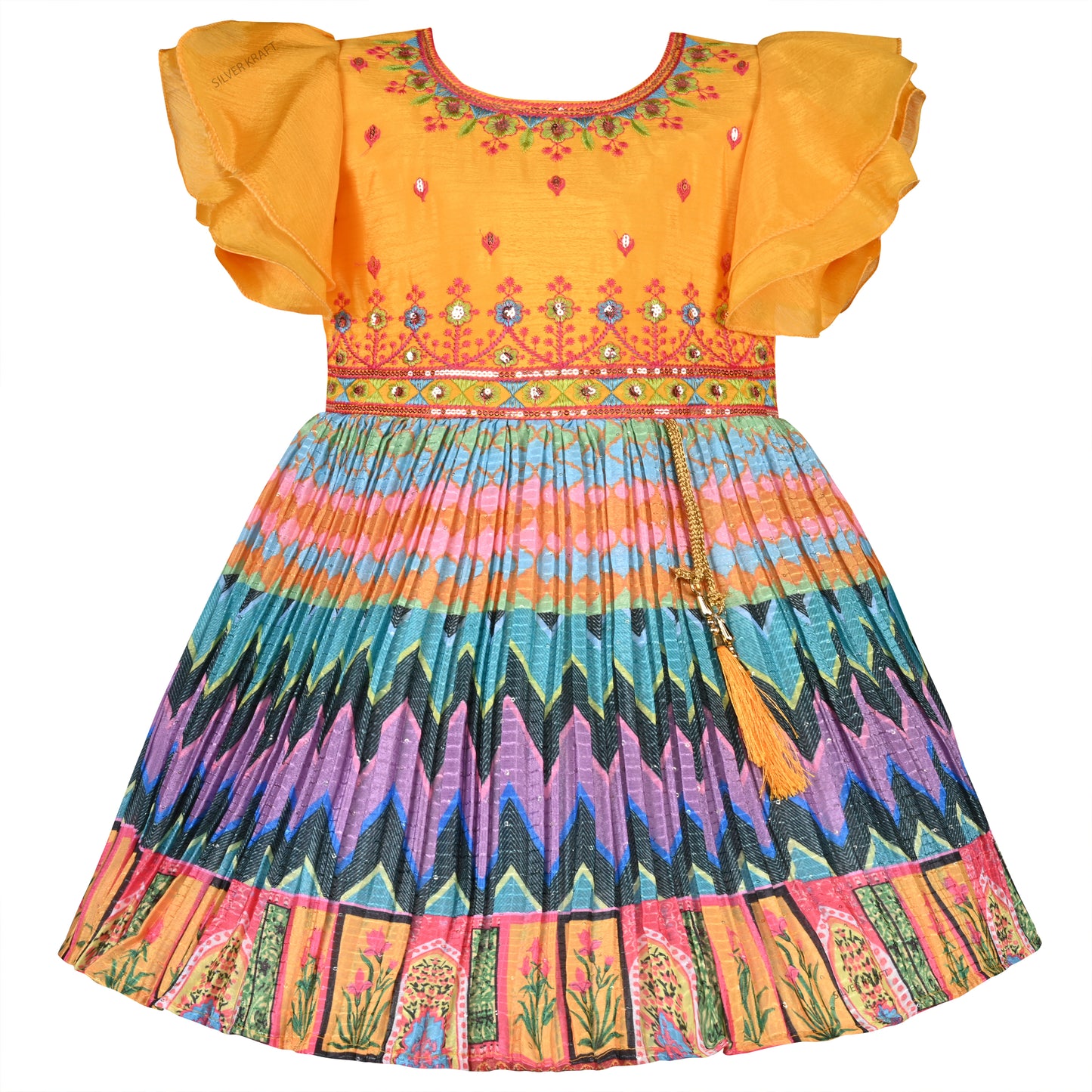 Girls Flared Sleeve Embroidered Fit and Flare Frock Dress