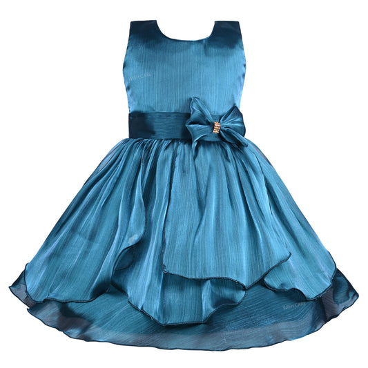 Girls Solid Pleated Satin Fit and Flare Frock Dress