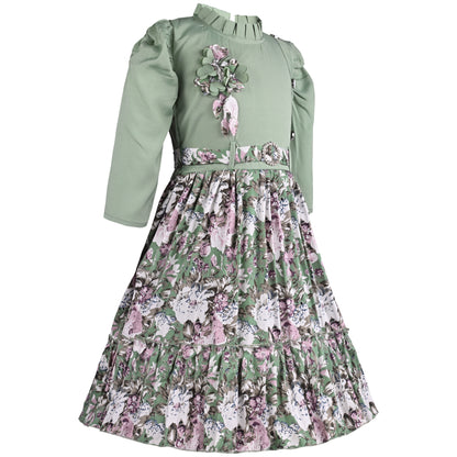 Girls Floral Print 3/4th Sleeve Fit and Flare Frock Dress