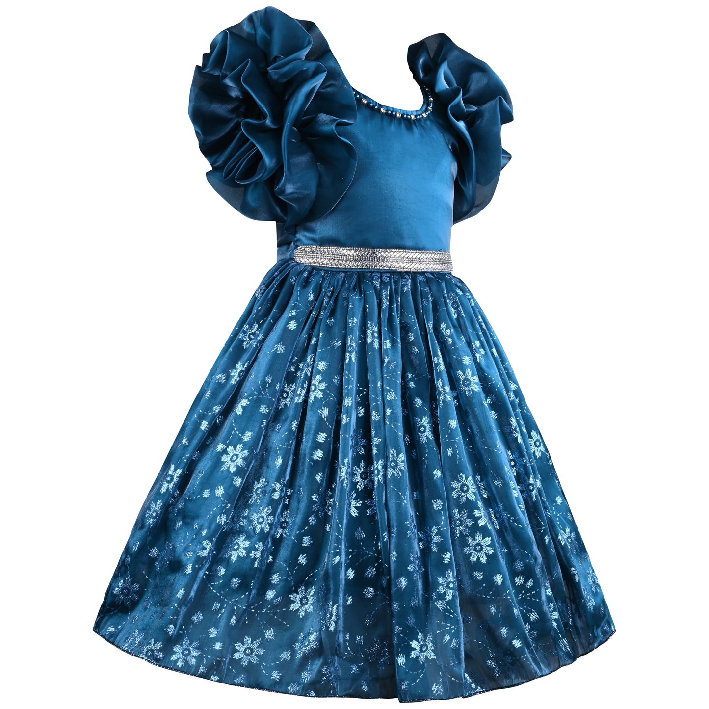 Girls Floral Shimmery Ruffle Sleeve Dress