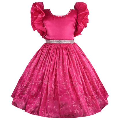 Girls Floral Shimmery Ruffle Sleeve Dress