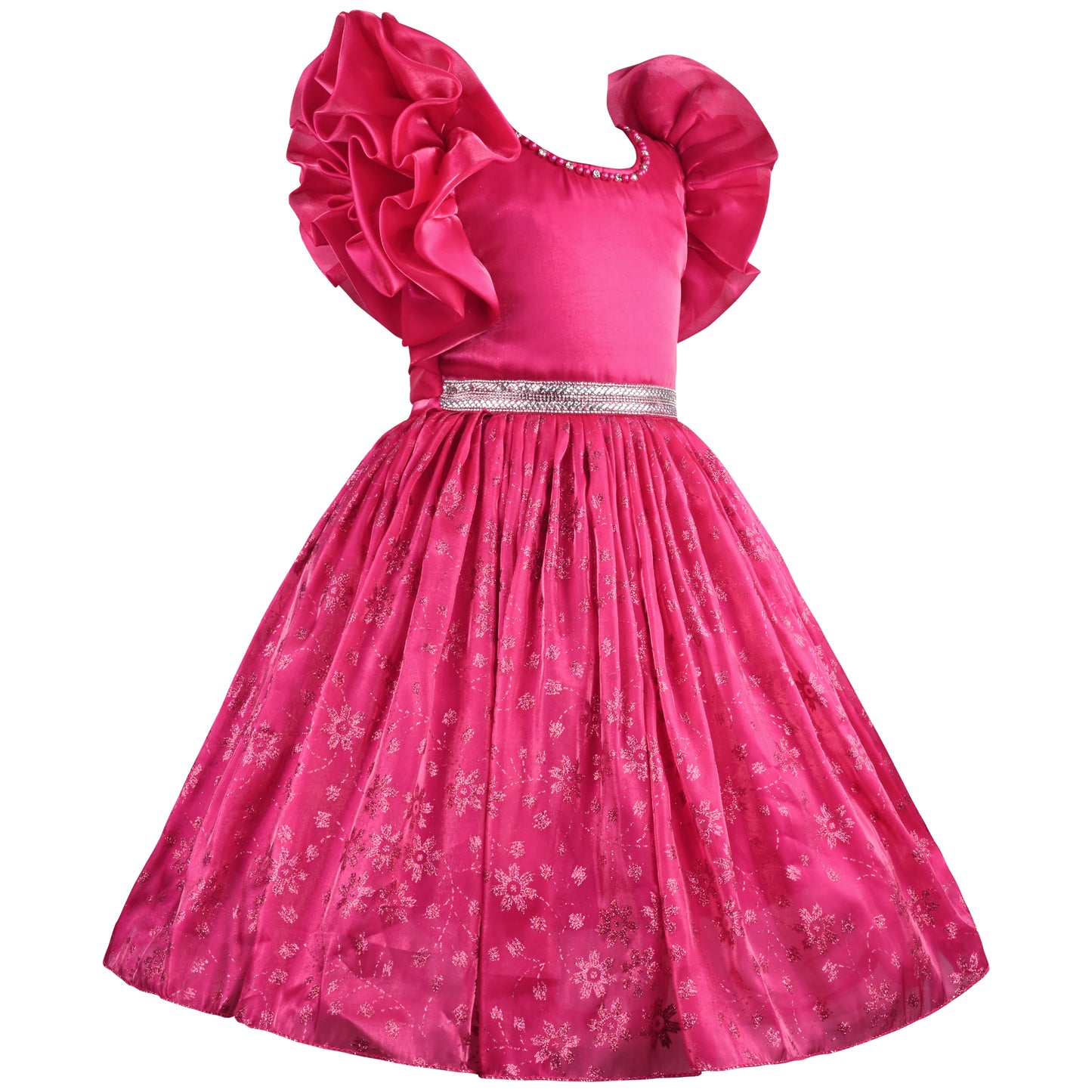 Girls Floral Shimmery Ruffle Sleeve Dress