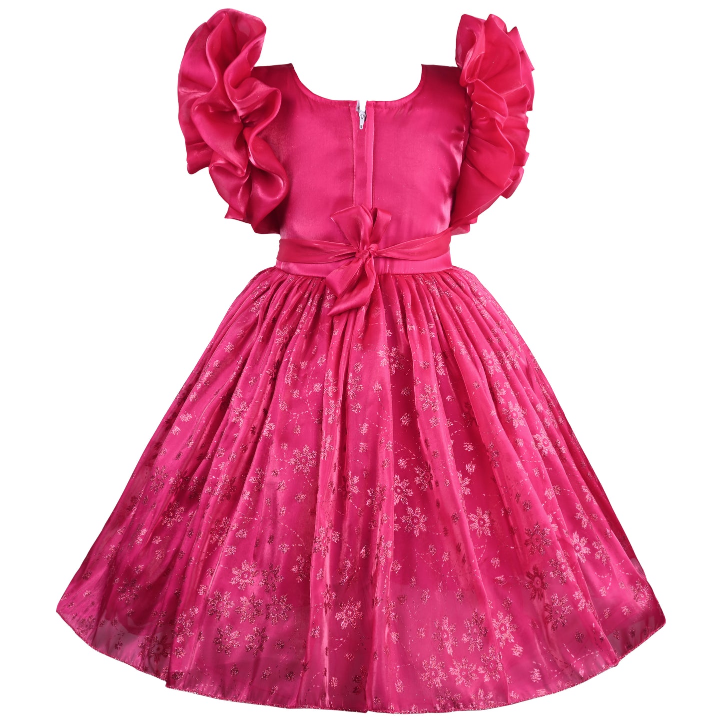 Girls Floral Shimmery Ruffle Sleeve Dress