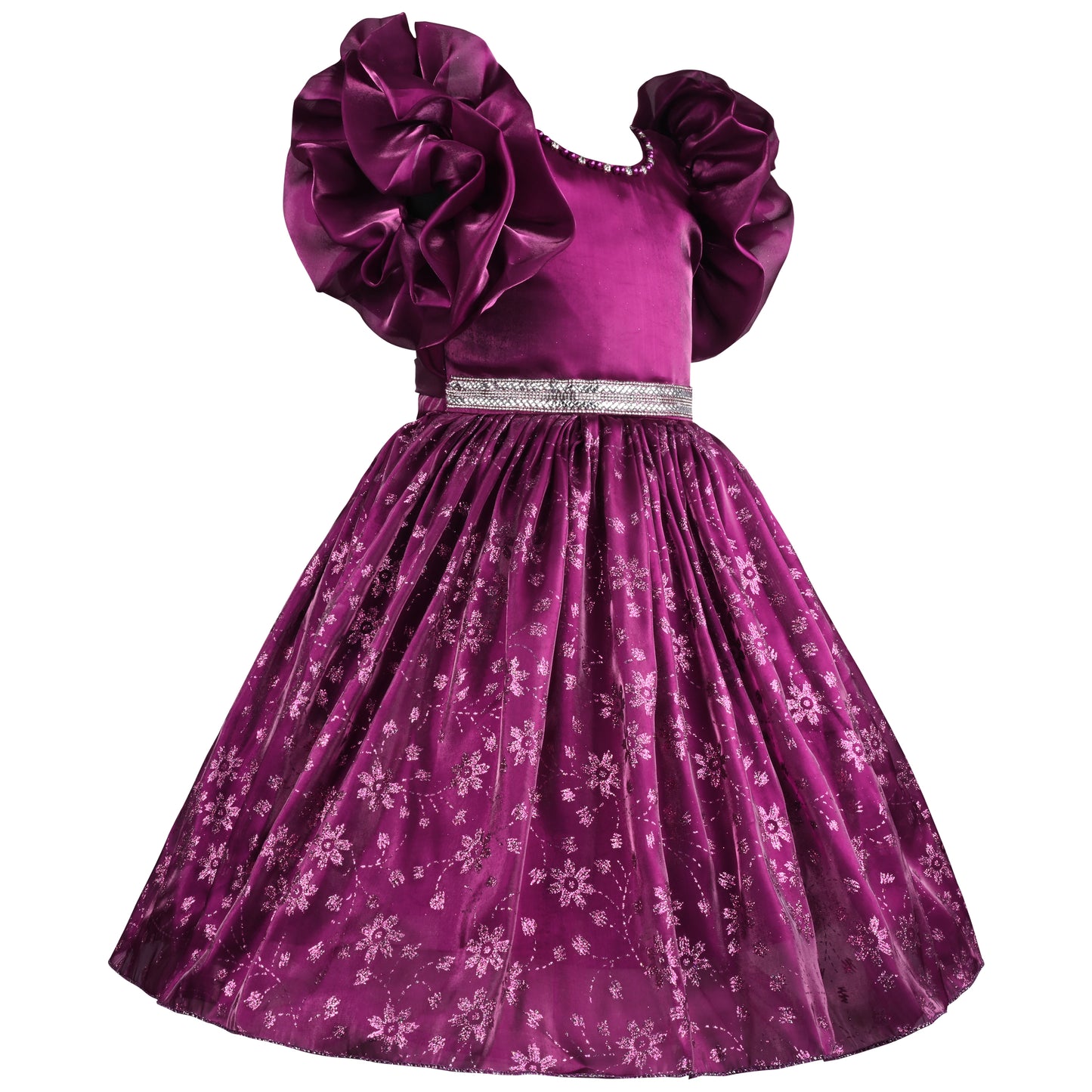 Girls Floral Shimmery Ruffle Sleeve Dress