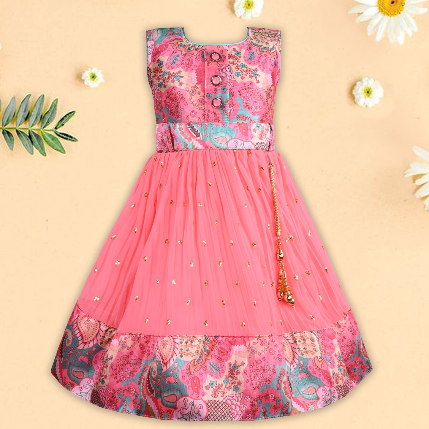 Girls Floral design sequin flared Dress