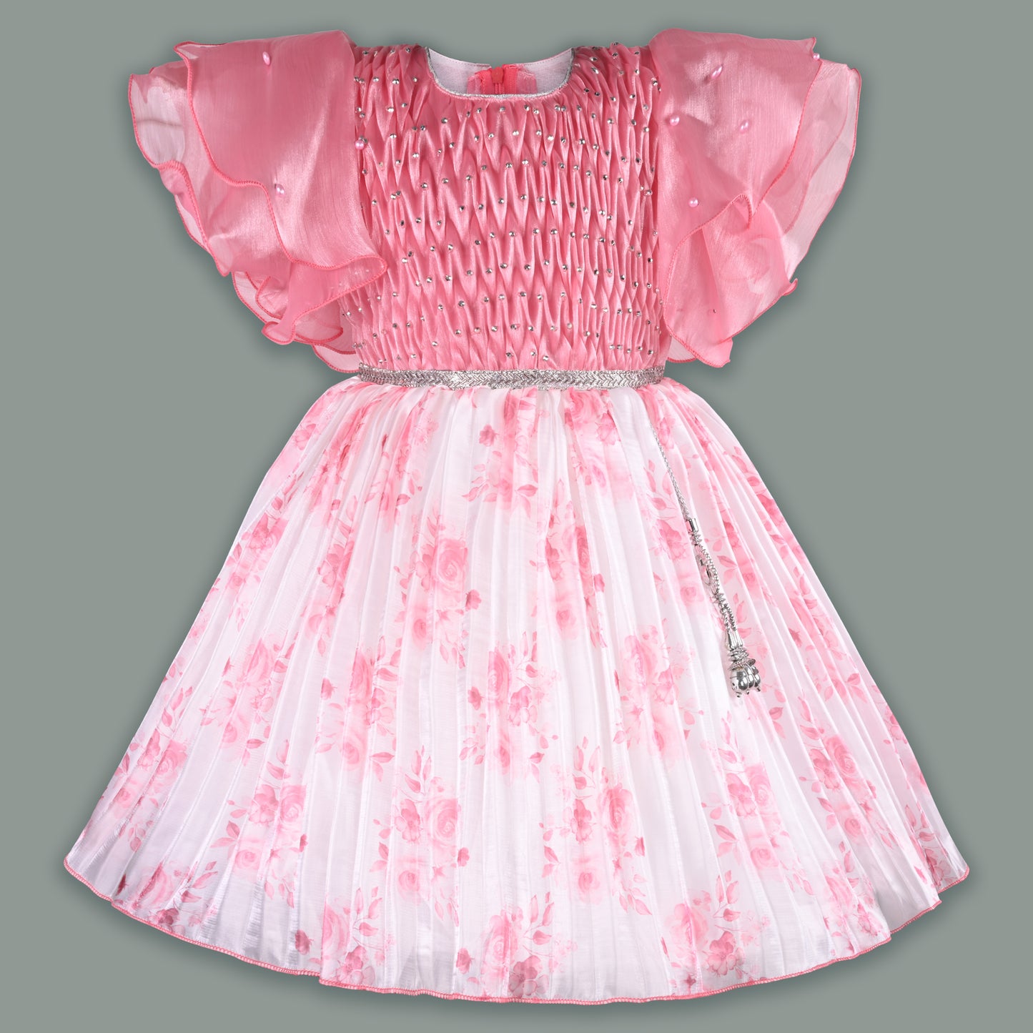 Girls Floral Rhinestone Pleate Dress