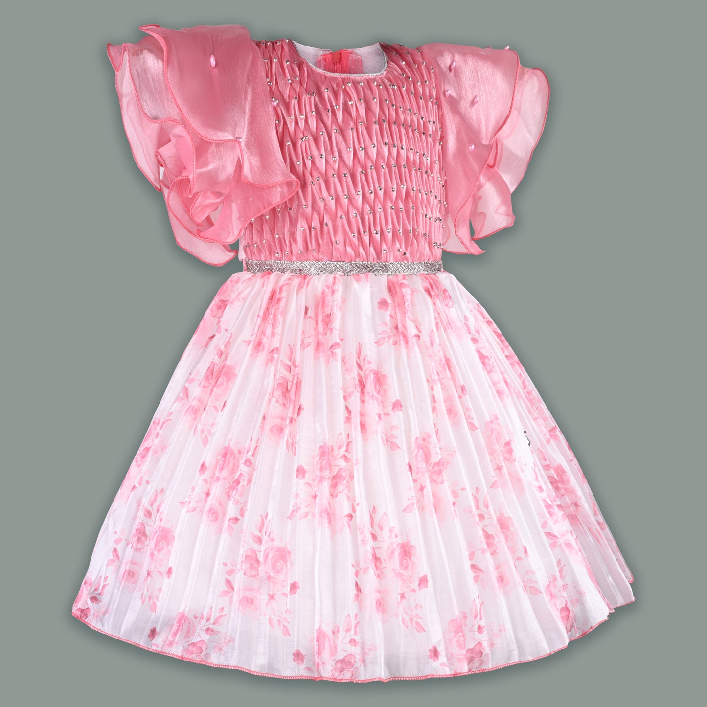 Girls Floral Rhinestone Pleate Dress