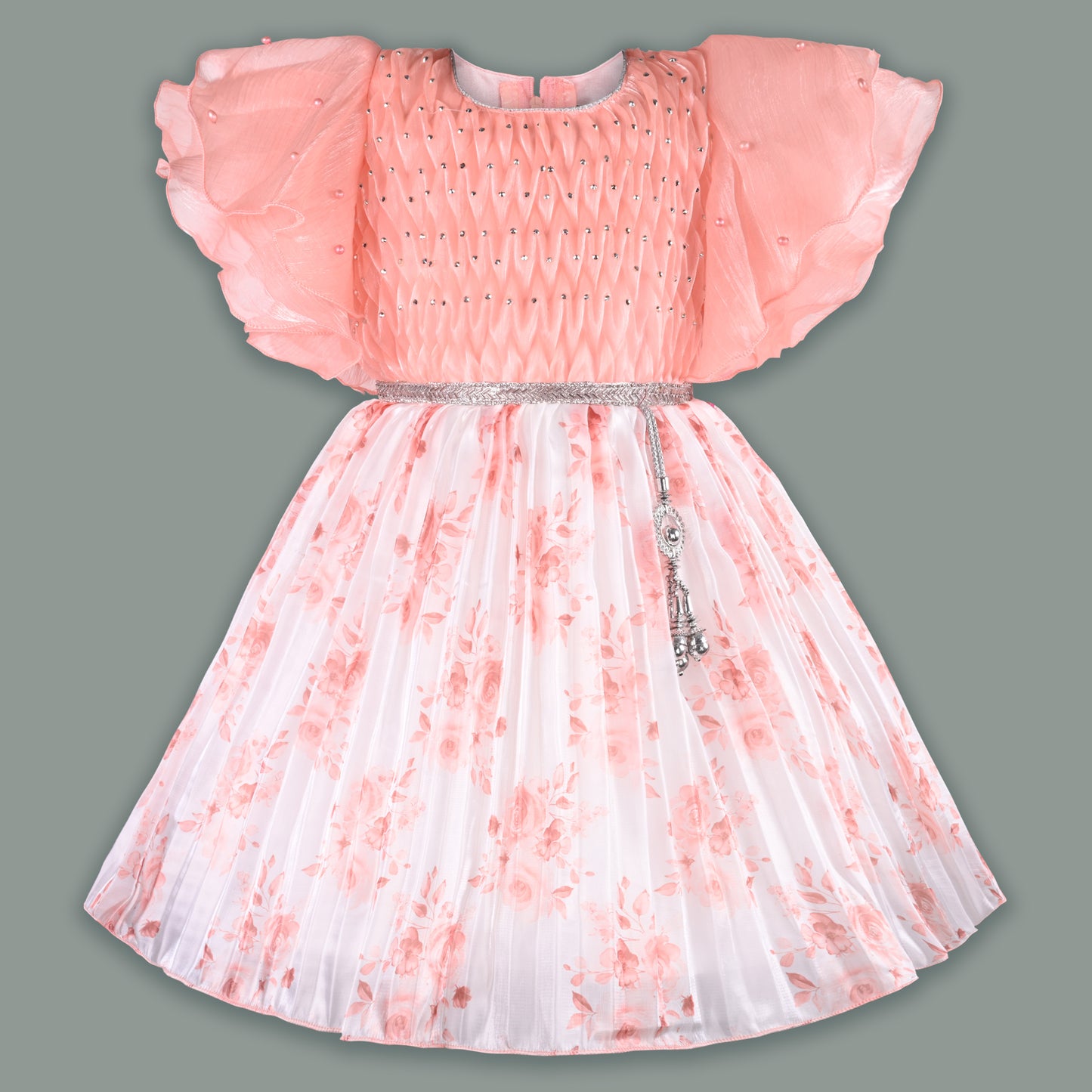 Girls Floral Rhinestone Pleate Dress