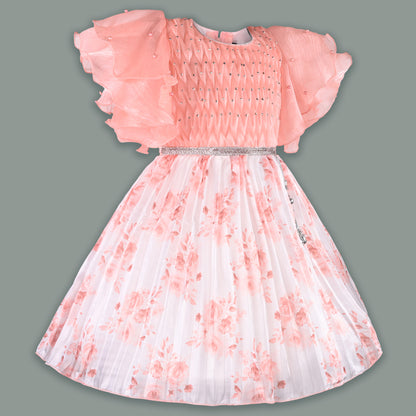 Girls Floral Rhinestone Pleate Dress