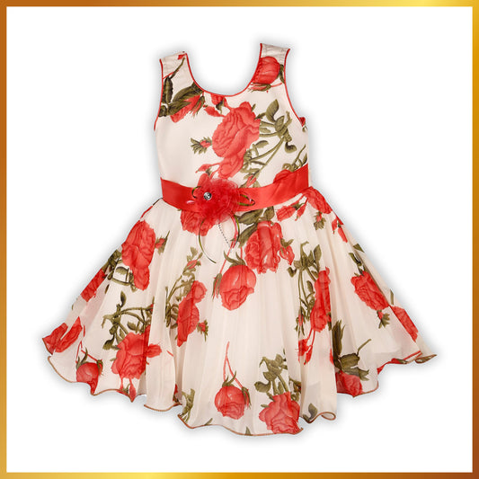 White and Red Floral Printed Bow Detail Dress