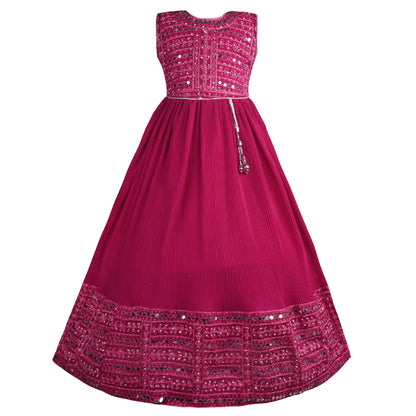 Girls Embellished Fit and Flare Sleeveless Full Length Frock Dress