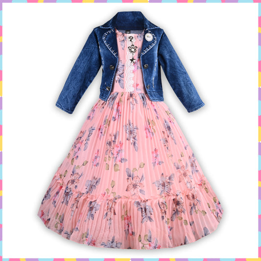 Baby Girls Elegant Floral Dress with Denim Jacket