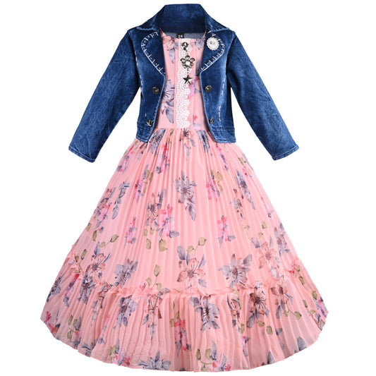 Baby Girls Elegant Floral Dress with Denim Jacket