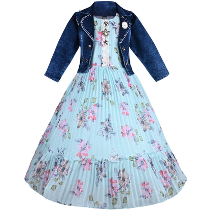 Baby Girls Elegant Floral Dress with Denim Jacket