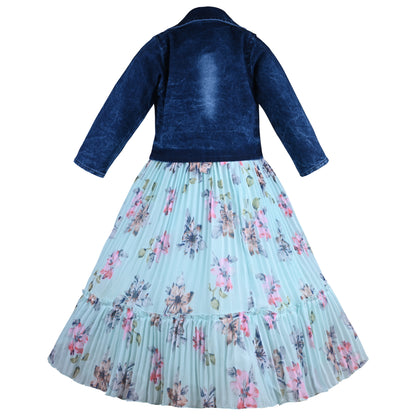 Baby Girls Elegant Floral Dress with Denim Jacket