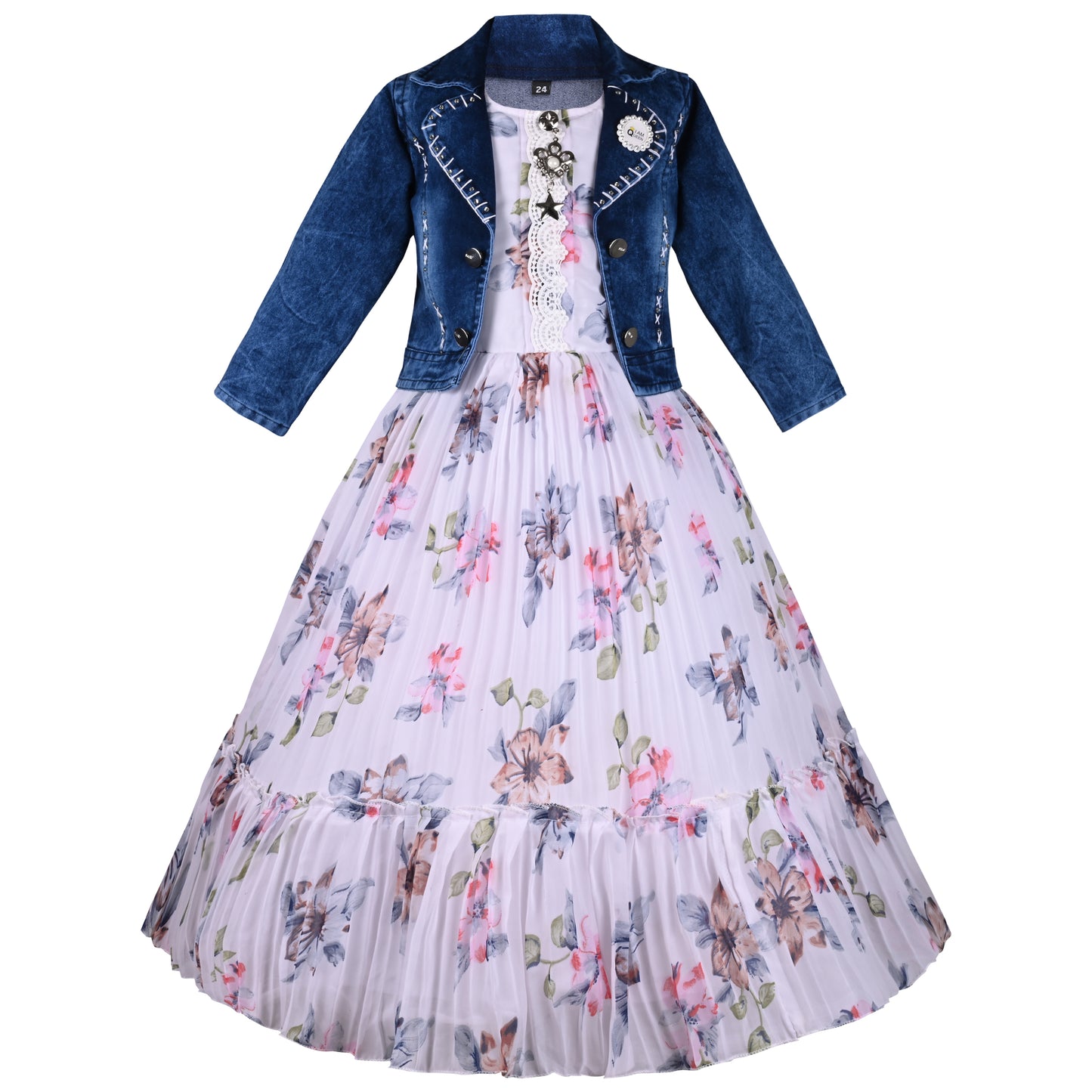 Baby Girls Elegant Floral Dress with Denim Jacket