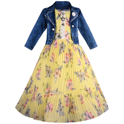 Baby Girls Elegant Floral Dress with Denim Jacket