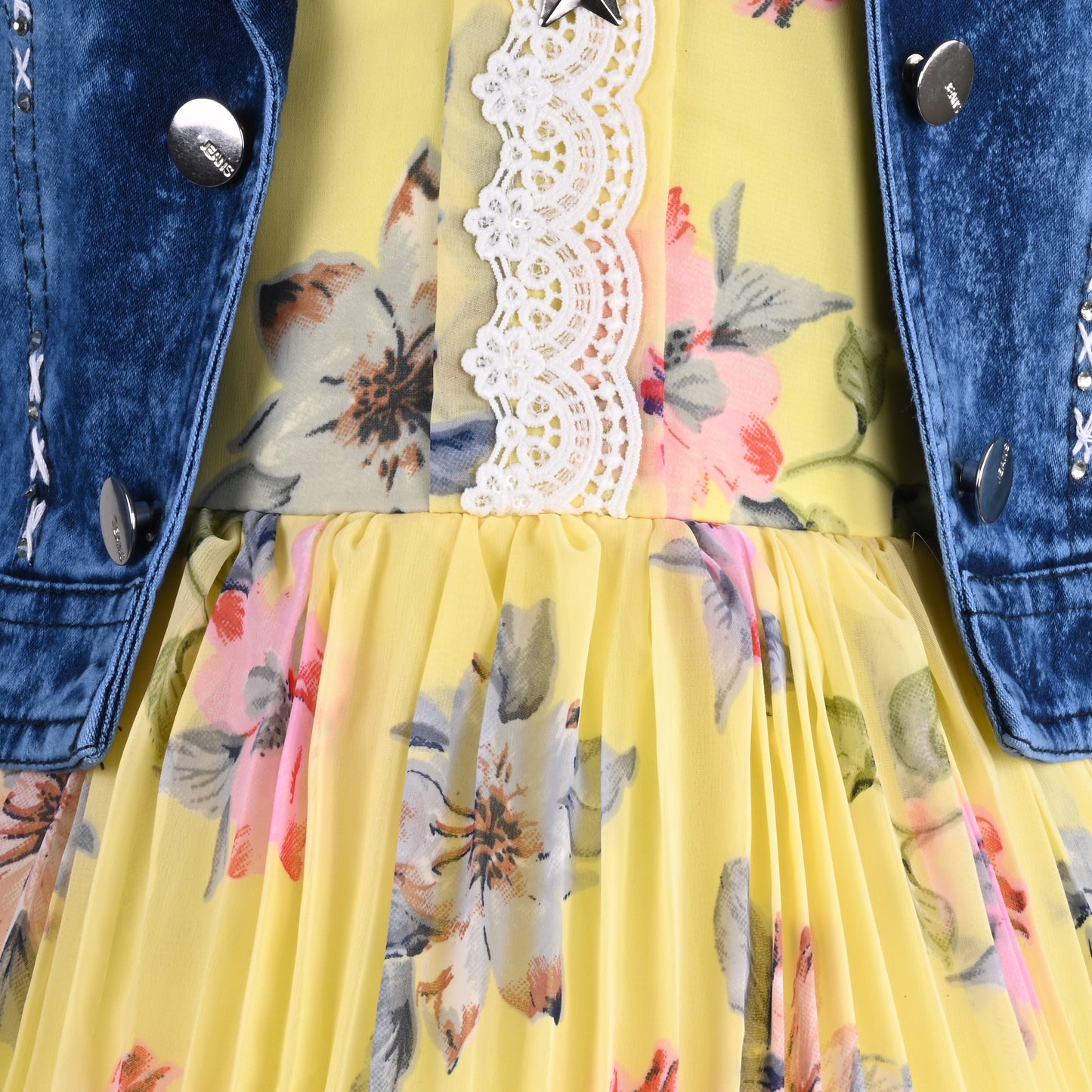 Baby Girls Elegant Floral Dress with Denim Jacket