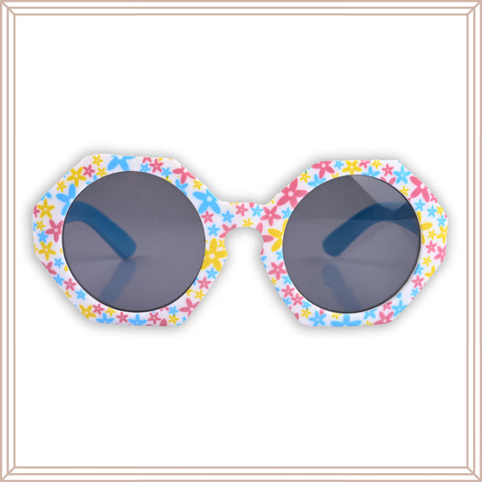 Baby Girls Round Frame Flower Printed Sunglass (Blue)