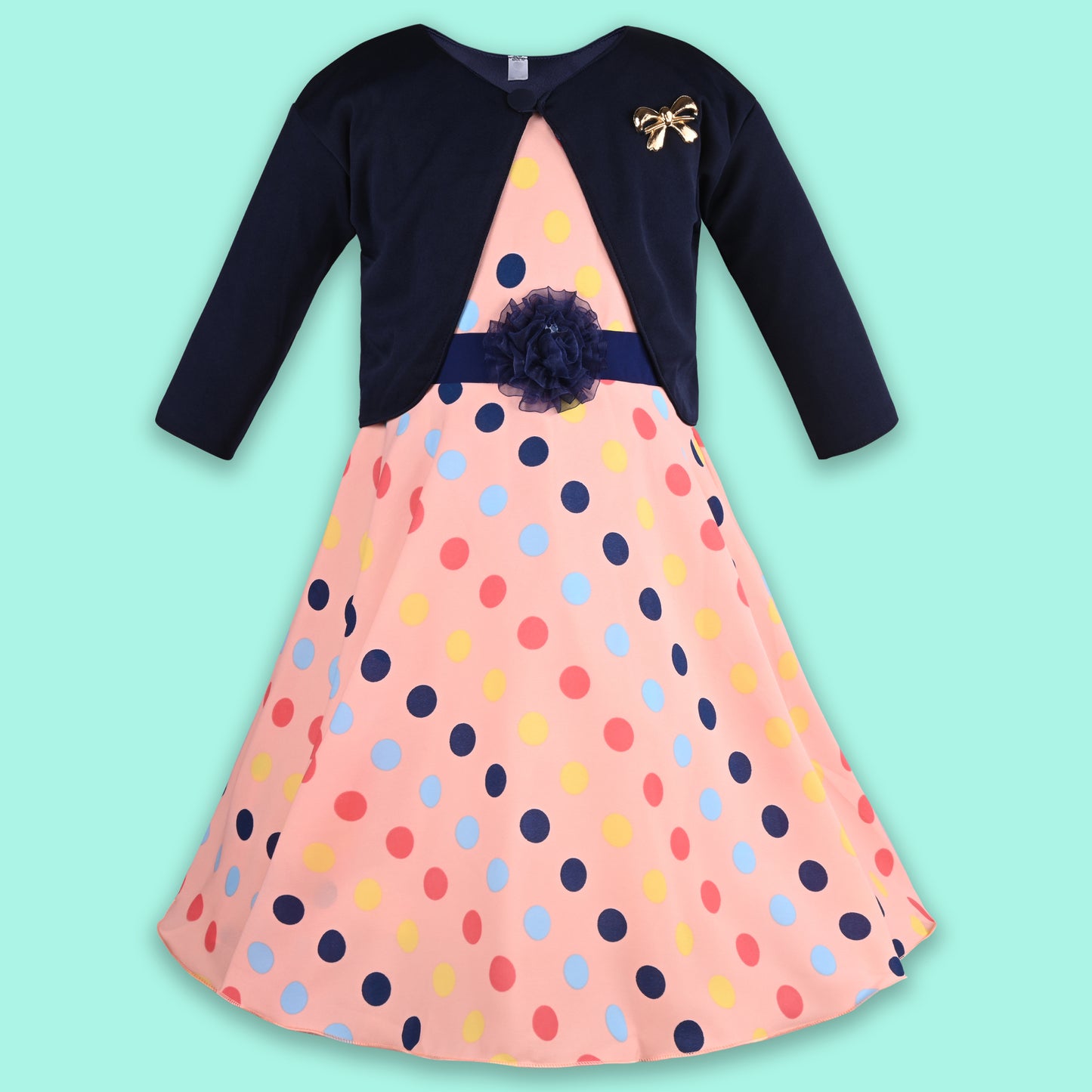 Girls Full Sleeve Polka Print A-Line Frock Dress