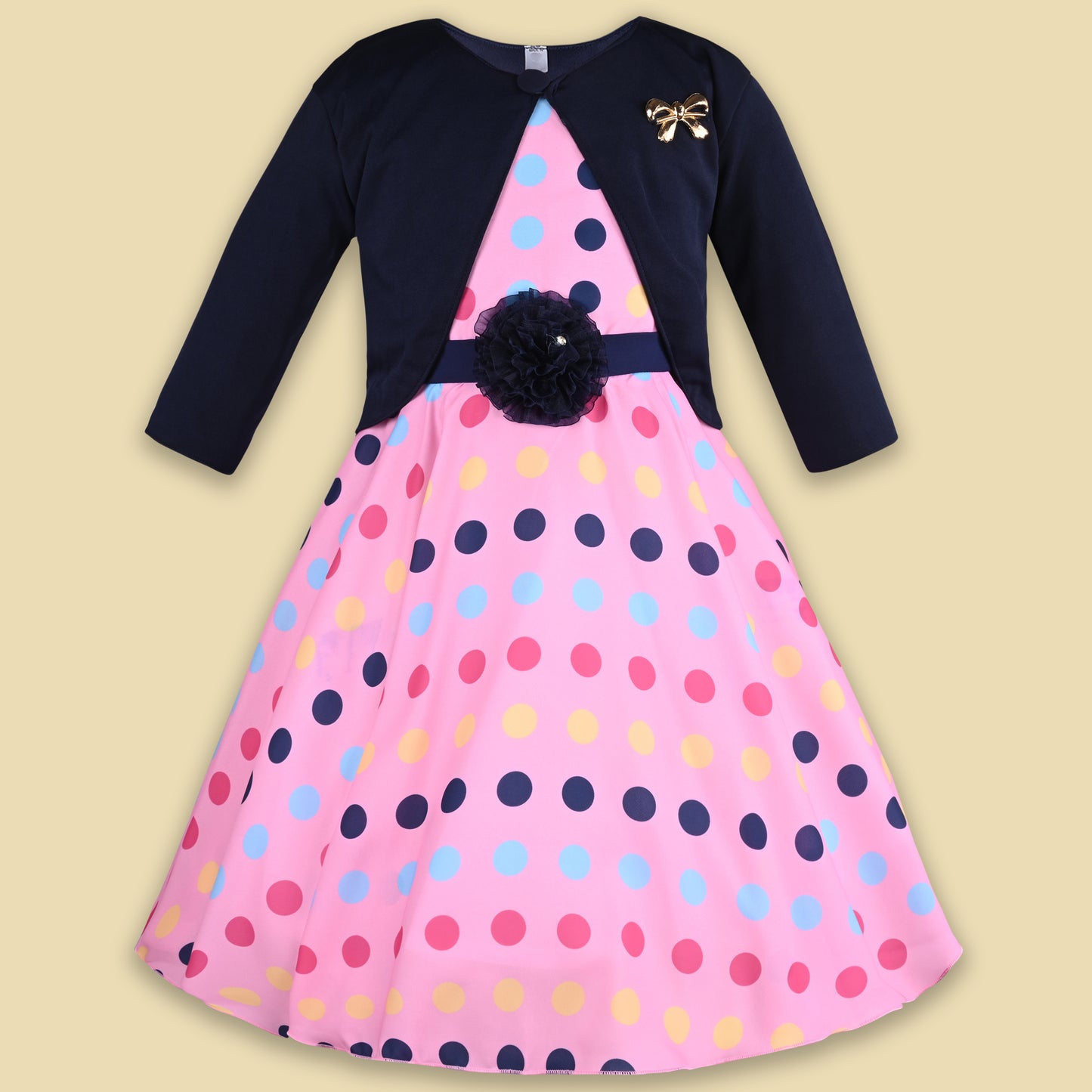 Girls Full Sleeve Polka Print A-Line Frock Dress